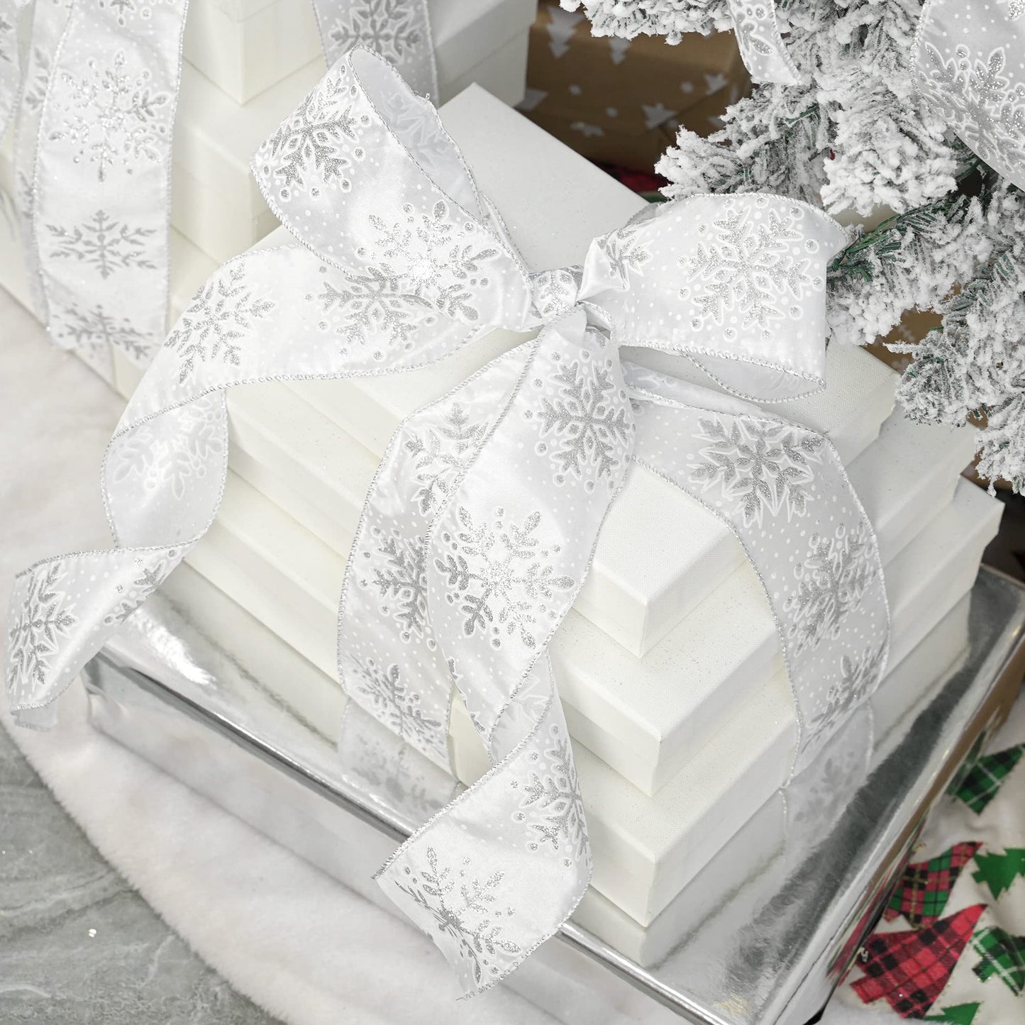 MEEDEE Silver Snowflake Wired Ribbon White Ribbons with Glitter Snowflake 2.5 Inch White and Silver Ribbon for Christmas Tree, Winter Decor, Garlands, Wreaths, Gift Wrapping (10 Yards)