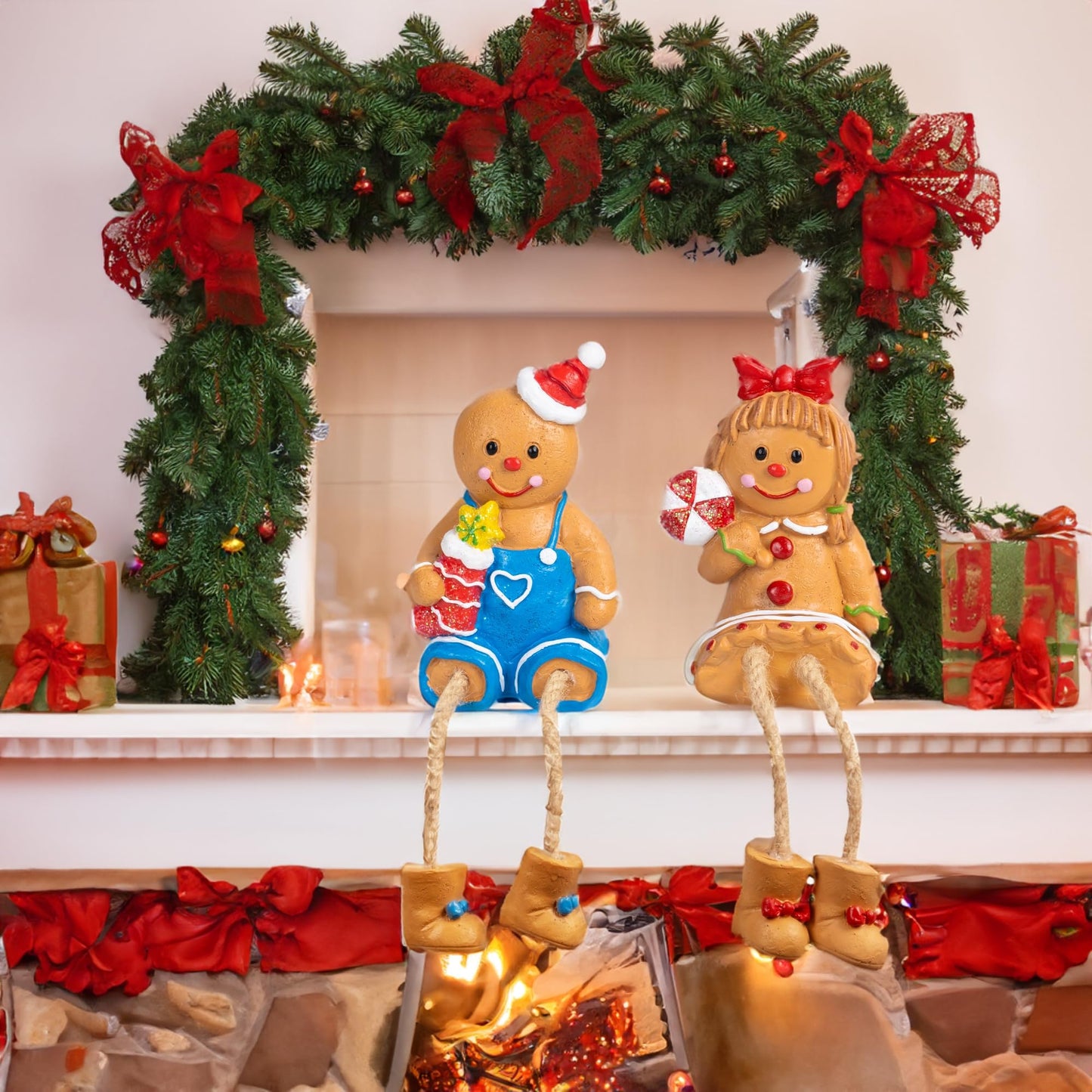 Dazzle Bright Christmas Figurines, Set of 2 Resin Gingerbread Man Sitters with Dangling Legs, Xmas Table Fireplace Shelf Sitters Decorations Sitting Figurines Ornament for Indoor Home Decor