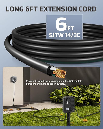 DEWENWILS Outdoor Power Stake Timer Waterproof, 6 Grounded Outlets, 6FT Extension Cord, 100FT Wireless Remote Control, Photocell Dusk to Dawn Timer for Christmas Lights, Garden, UL Listed