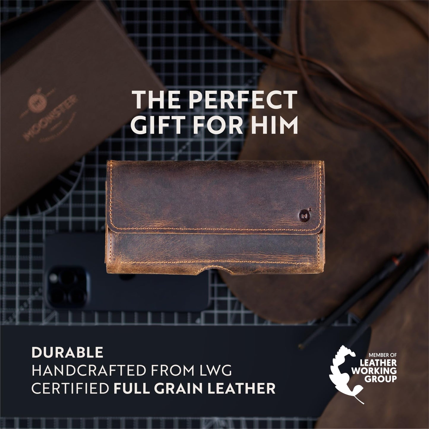 Moonster Leather Phone Holster – Genuine Full-Grain Leather for iPhone 17/16/15/14 Pro Max & Plus, Galaxy S25/S24 Ultra – Slim Belt Clip Phone Pouch with Magnetic Closure, Fits Thick Cases – 7” x 3.5”