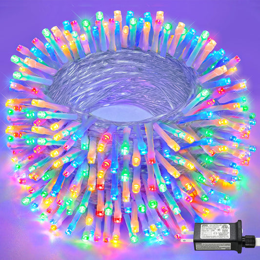 100FT 300 LED Outdoor String Lights, Plug in Connectable Christmas Lights Indoor Waterproof, 8 Modes Clear Wire String Lights for Outside Bedroom Home Yard Party Garden Decorations, Multicolor