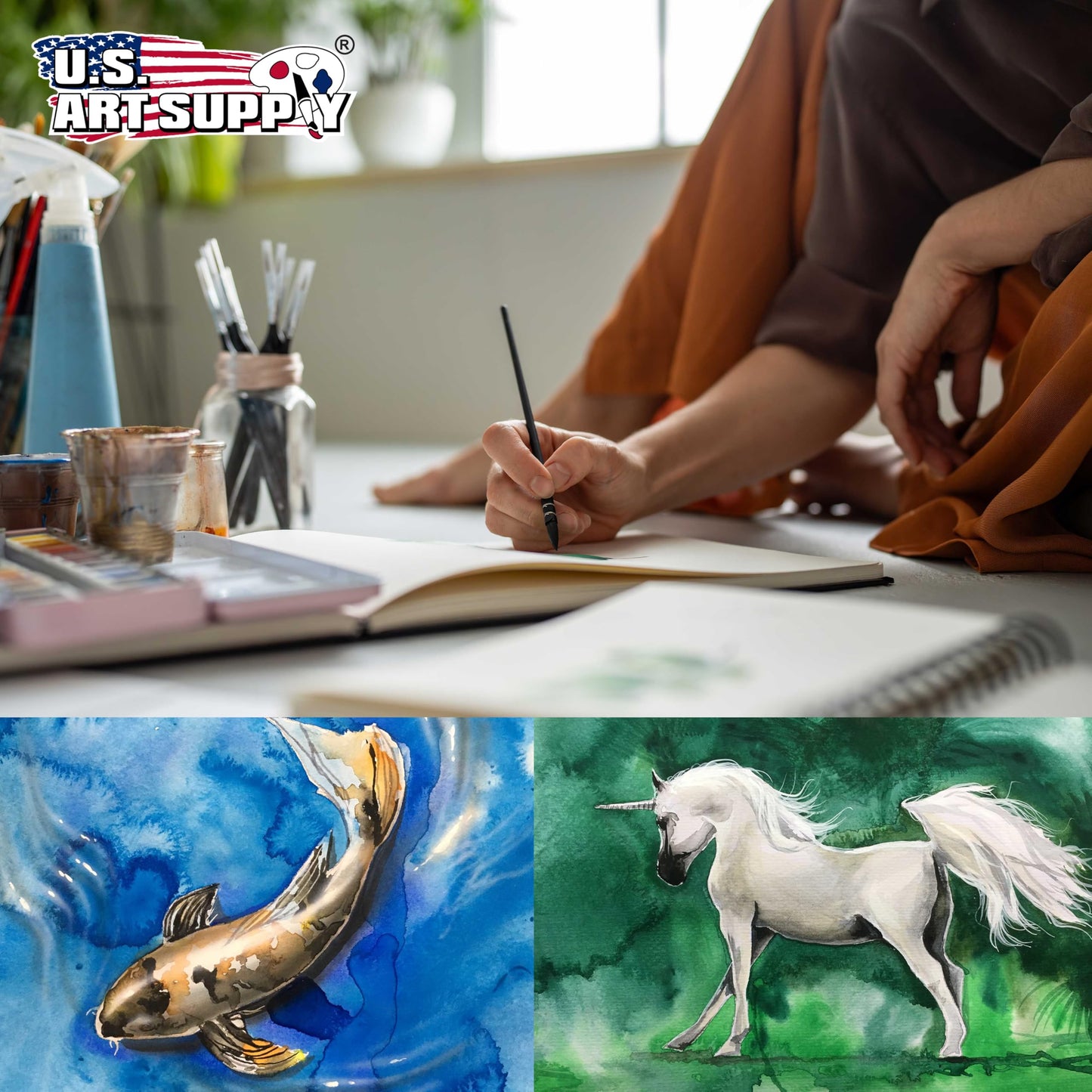 U.S. Art Supply 5.5" x 8.5" Watercolor Book (2 Pack, 76 Sheets Each) - 110lb (230 GSM) Linen-Bound Hardcover Artist Paper Pads - Acid-Free Cold-Pressed Watercolor Paper Pad Mixed Media