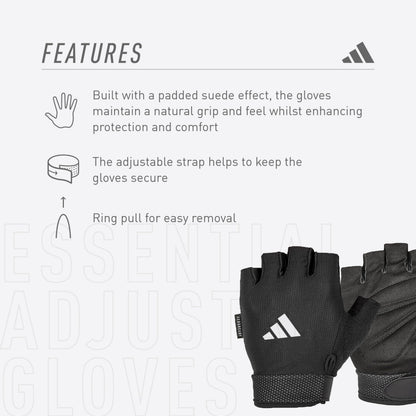 adidas Essential Adjustable Fingerless Gloves for Men and Women - Padded Weight Lifting Gloves - Adjustable Wrist Straps for Tailored, Secure Fit - White, Small