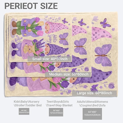 Gnome Lightweight Throw Blanket, Purple Lavender Flower and Butterfly, Warm Soft Cozy Flannel Blankets, Couch Dorm Home Decor All Season Use, 60x50in, Beige, Gifts for Women and Spring Lovers