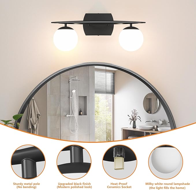 Black Vanity Lights for Bathroom, 2-Light 20 Inch Bathroom Lighting Fixtures over Mirror with Milky White Frosted Glass Shades, Wall Sconces for Bathroom, Bedroom, Living Room(G9 Bulb not Included)