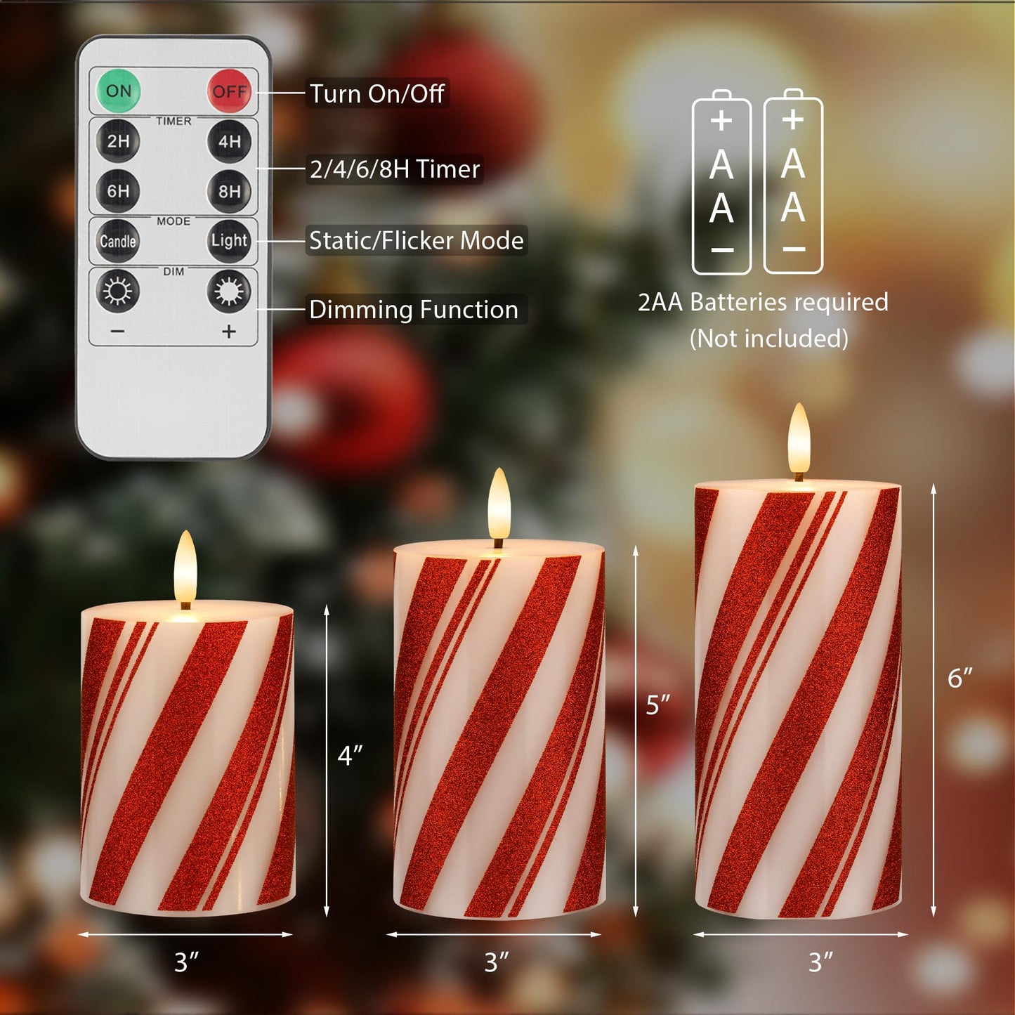 AFINETH Flameless Pillar Candles with Remote, Battery Operated Red Candy Cane Candles Real Wax, Flat Top Flickering Christmas LED Candle Decorations for Xmas, Home, Party Decor, Set of 3