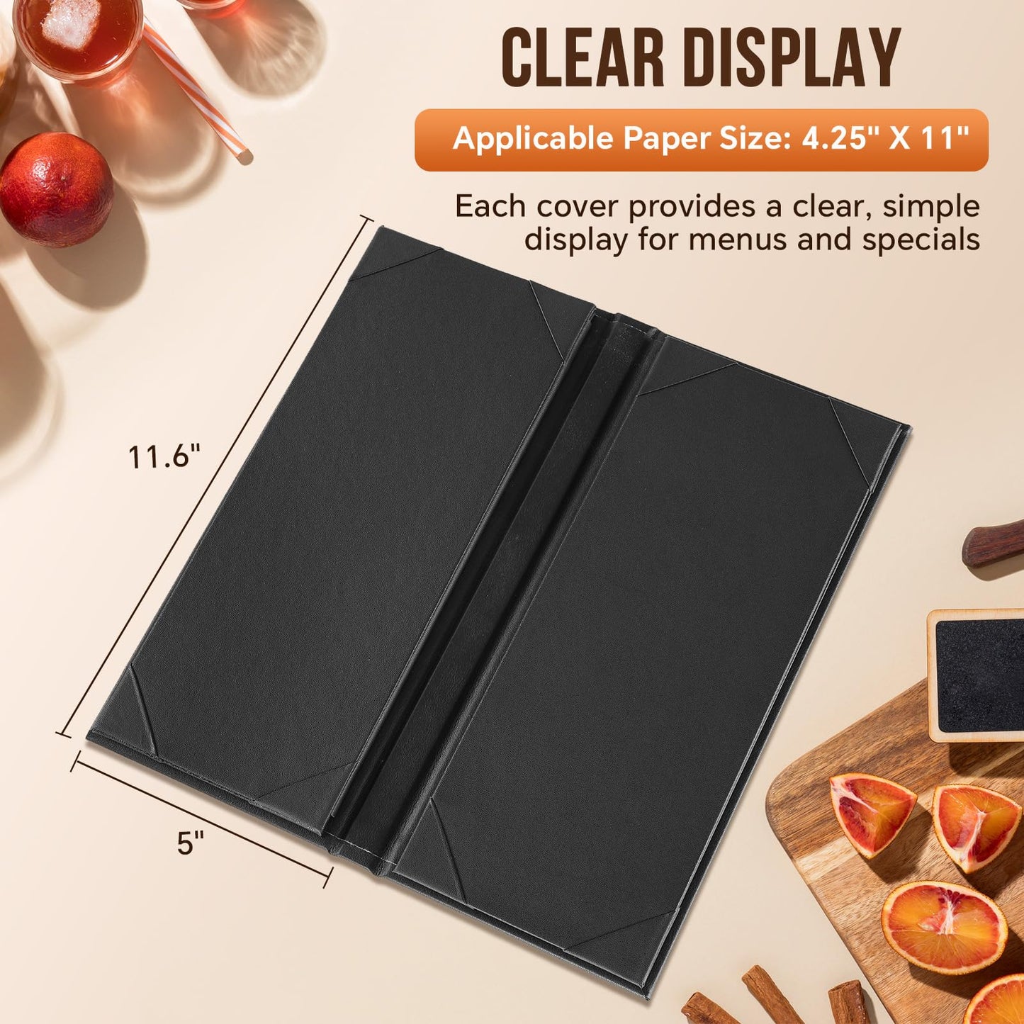 MYFULLY Restaurant Menu Holders 4.25" x 11", 6 Pack Black PU Leather Single Panel Menu Covers with Angled Corners for Restaurant, Bar, Coffee Shop, Wine List (6 View)