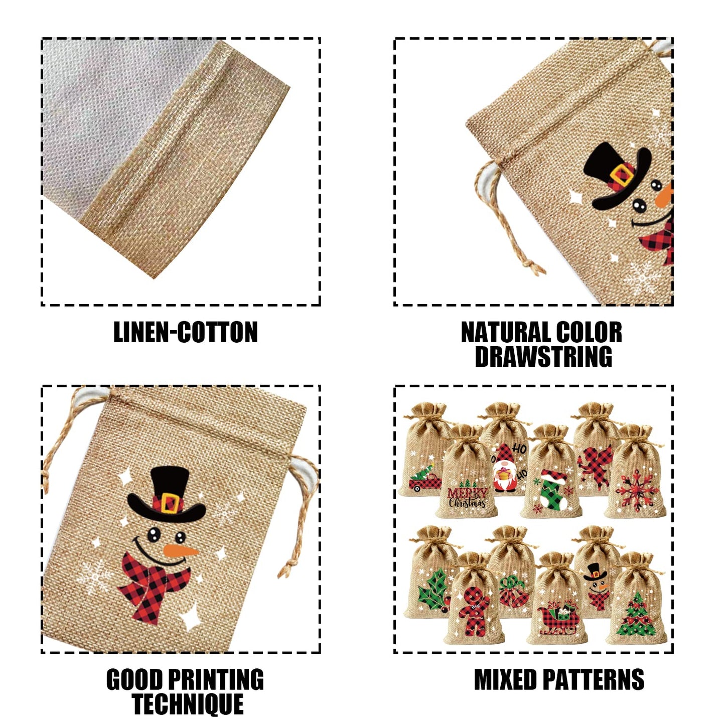 CCINEE 36pcs Christmas Burlap Bags, 4×6 Inch Drawstrings Christmas Linen Goody Gift Candy Bags with Double Jute Drawstrings for Candy Wrapper Xmas Party Favors