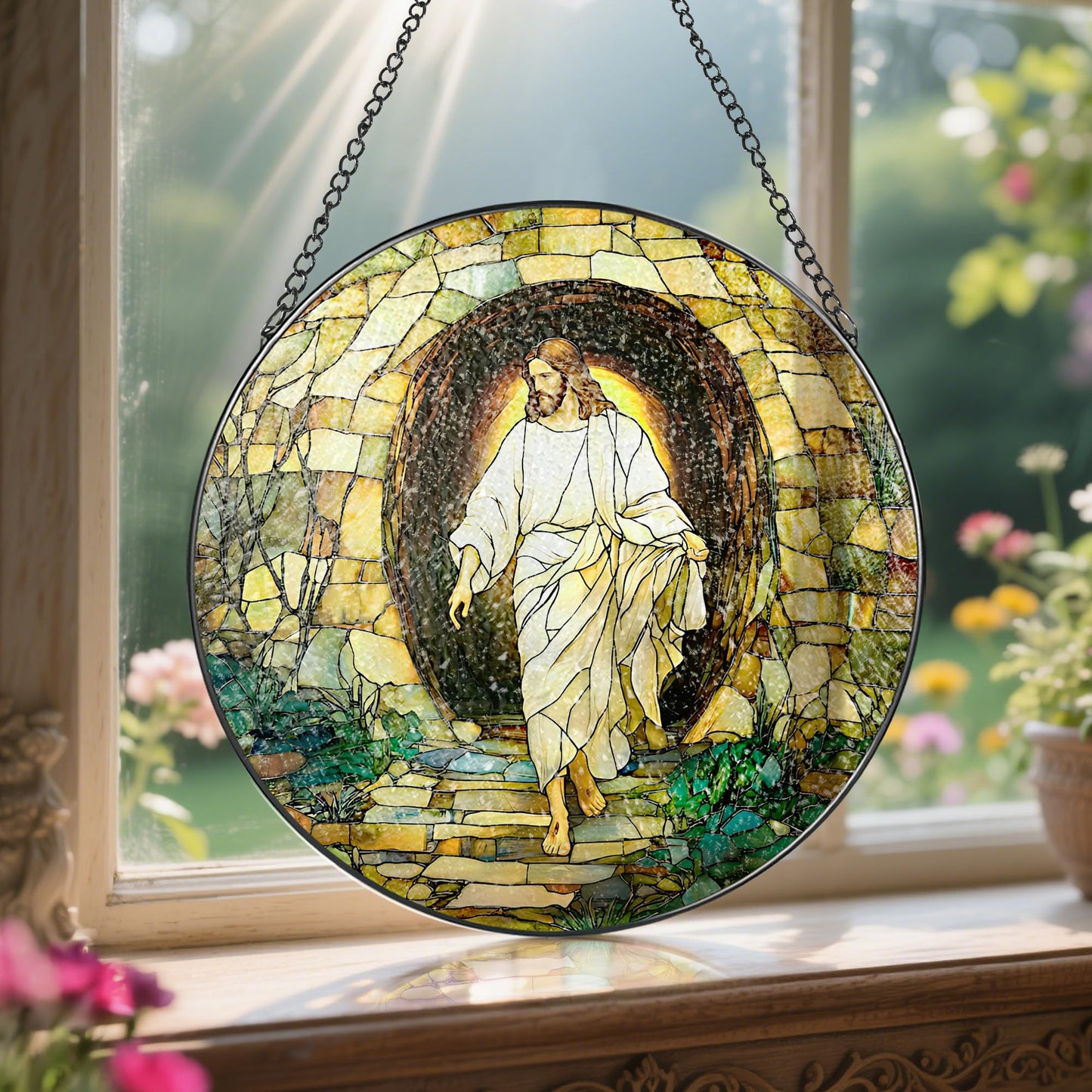 8 Inch He is Risen Resurrection of Jesus Sun Catchers, Stained Glass Window Hanging, Stained Glass Suncatchers for Windows, Christian Home Decor and Christmas, Christian Gift, Religious Gift