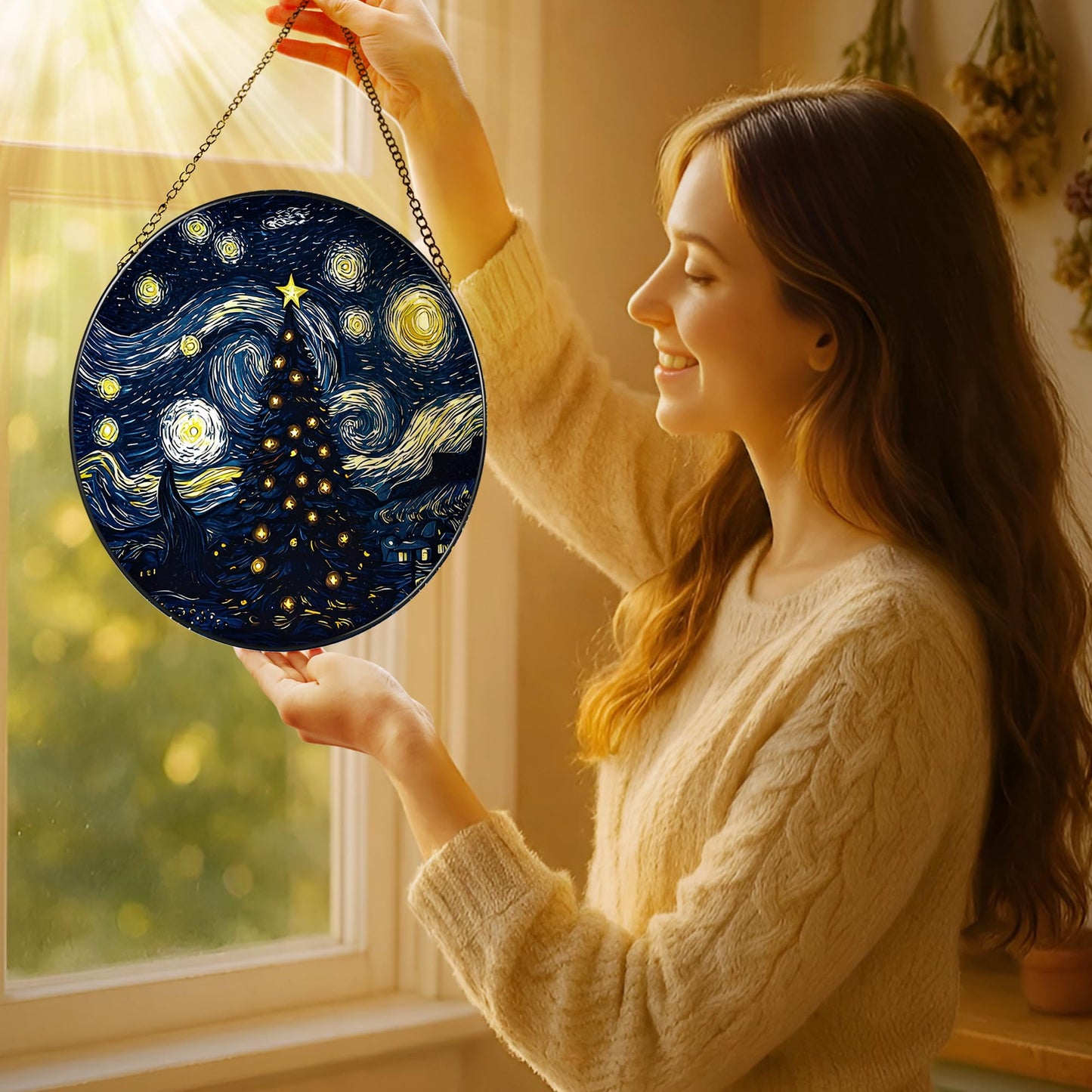 8-Inch Starry Night Christmas Tree Suncatcher Ornament, Stained Glass Window Hanging & Stained Glass Holiday Ornament, Sun Catcher Window Decor, Van Gogh’s Keepsake, Gifts for Christmas & Holidays