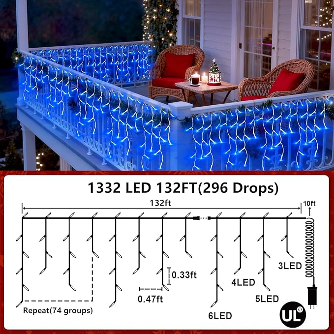 1332 LED 132ft Christmas String Lights Outdoor, 12 Modes Dimmable Curtain Lights with 296 Drops, Waterproof Fairy Lights with Timer for Bedroom Window Holiday Wedding Home Xmas Decorations, Blue