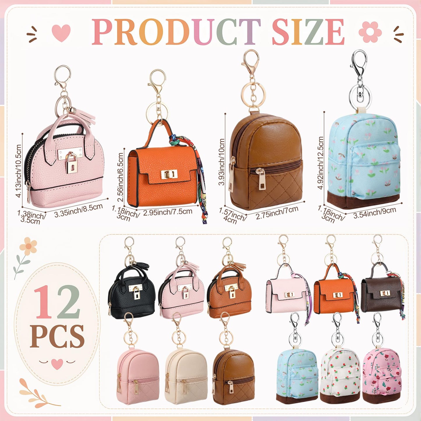 Hsei 12 Pcs Mini Backpack Keychain Small Coin Purses for Women Tiny Cute Makeup Bag with Keychain, Mini Pocket Tote Handbag Bag Charm Change Pouch Lipstick Card Holder Organizer Gift (Elegant)