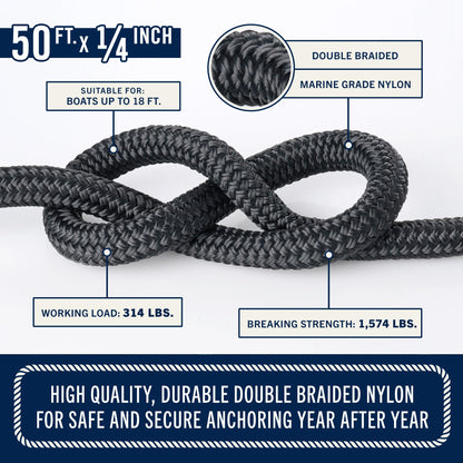 RainierSupplyCo Boat Anchor Rope - Double Braided Marine Rope Anchor Line - 50 ft x 1/4 Inch Nylon Boating Line with 316 Stainless Steel Thimble and Heavy Duty Marine Grade Bow Shackle - Black