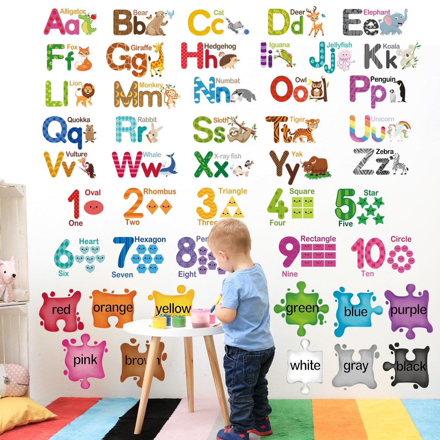wondever Educational Learning Wall Stickers Alphabet Animals Numbers Shapes Colors Peel and Stick Wall Art Decals for Toddlers Kids Room Classroom Playroom