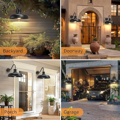 16 Inch Dome Dusk to Dawn Gooseneck Barn Light Outdoor, Large Farmhouse Exterior Light Fixture Wall Mount, Industrial Outdoor Wall Sconce Outside Lantern for House, Porch, Garage, Entryway, Black