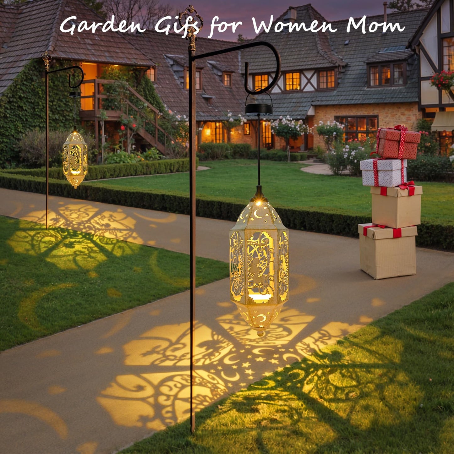 Big Outdoor Solar Lanterns Waterproof Garden Gifts for Women Mom Fairy Moon 12.4‘’ Metal Garden Lanterns Hanging Light for Patio Backyard Decorations, Mothers Day Birthday Gifts (Gold White,2Pack)