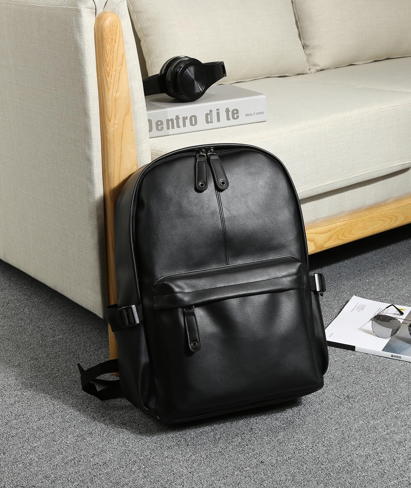 MOYYI Leather Backpack for Men Black Large Backpack Fit 15.6inch Laptop Rucksack Waterproof for business Commute Casual Daypack