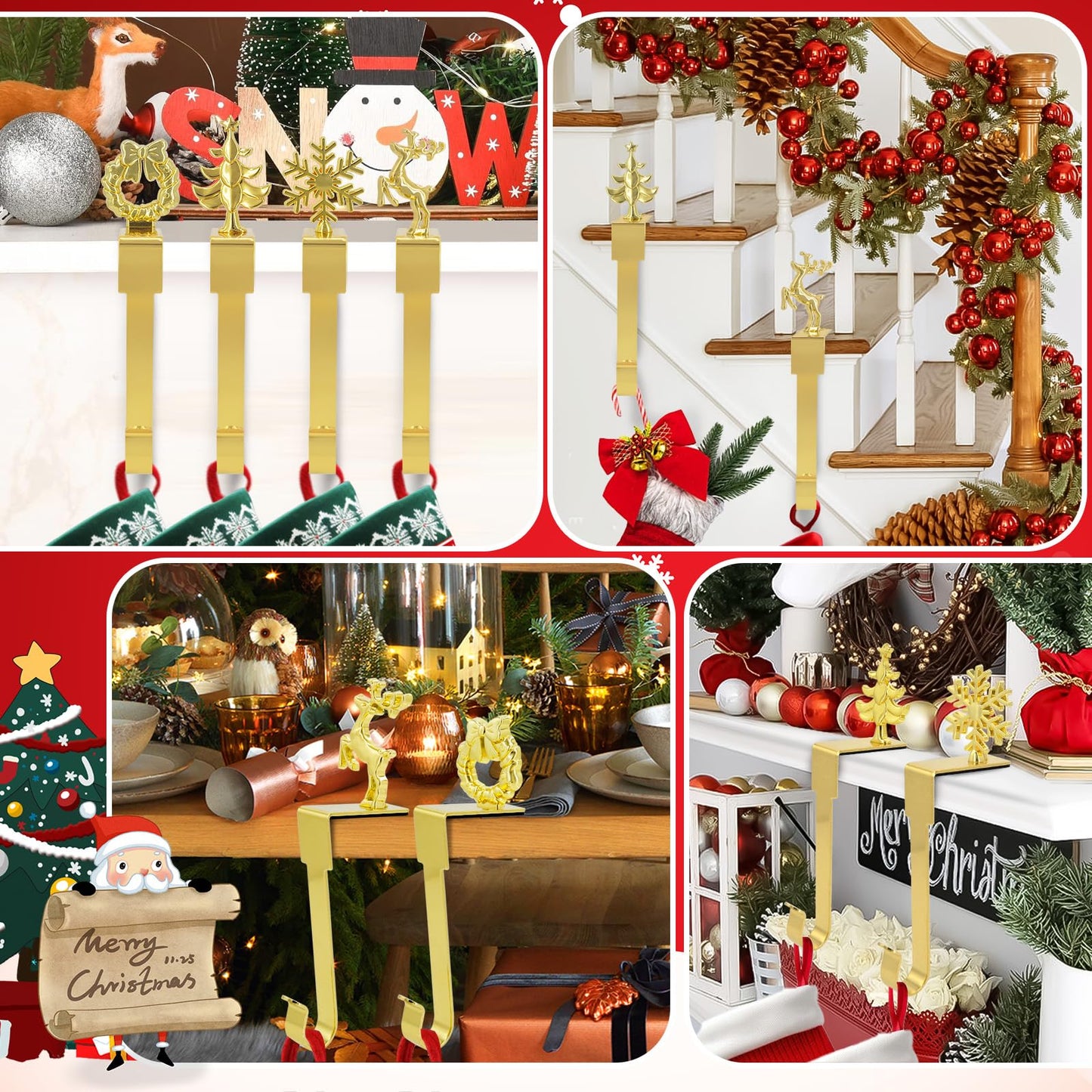 Komotu 4 Pcs Christmas Stocking Holders for Mantle, Upgrade Non-Slip Safety Mantel Hooks Hanger Grip Fireplace Hang Hook for Christmas Halloween Party Decoration(Gold)