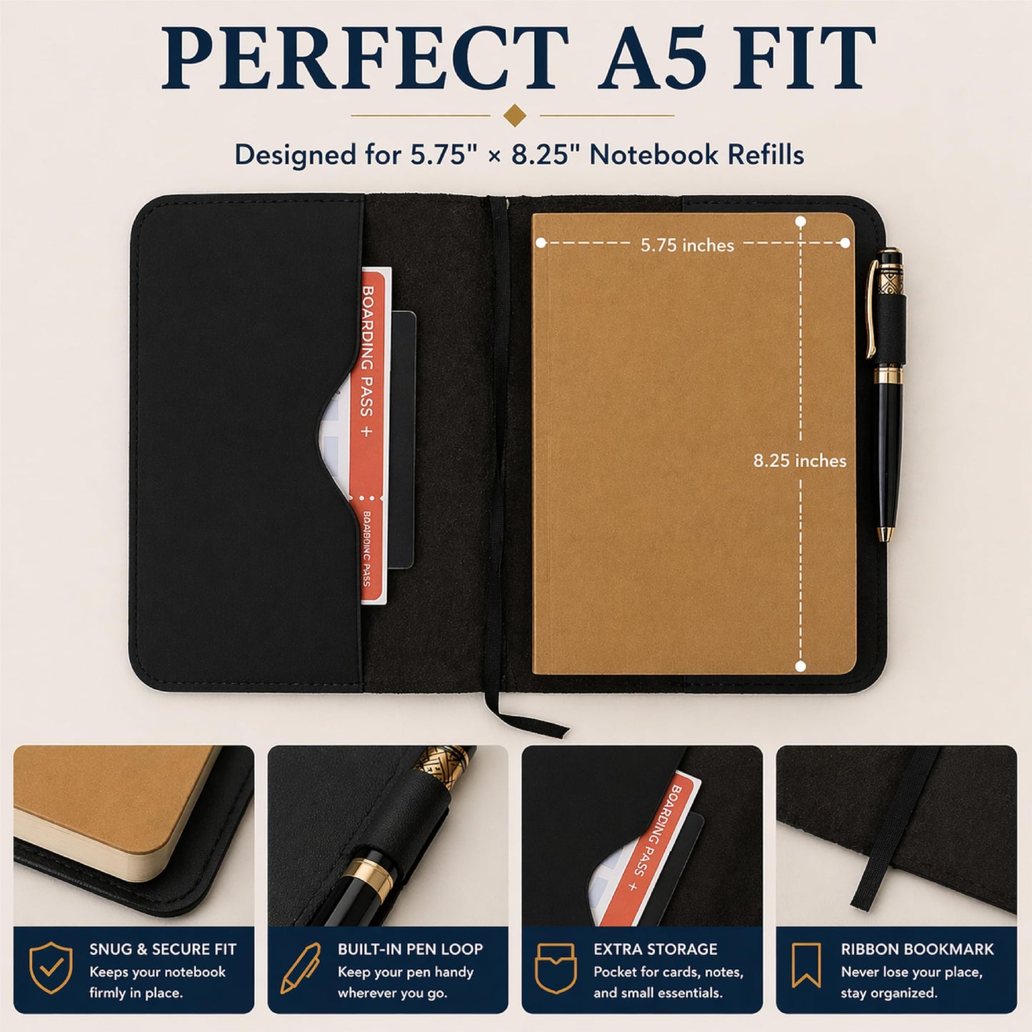 TheAntiq Premium Leather Journal Cover A5 – Handmade Refillable Notebook Cover Sleeve with Pen Holder for Writing, Travel & Business Use 5.75 x 8.25 (Black)