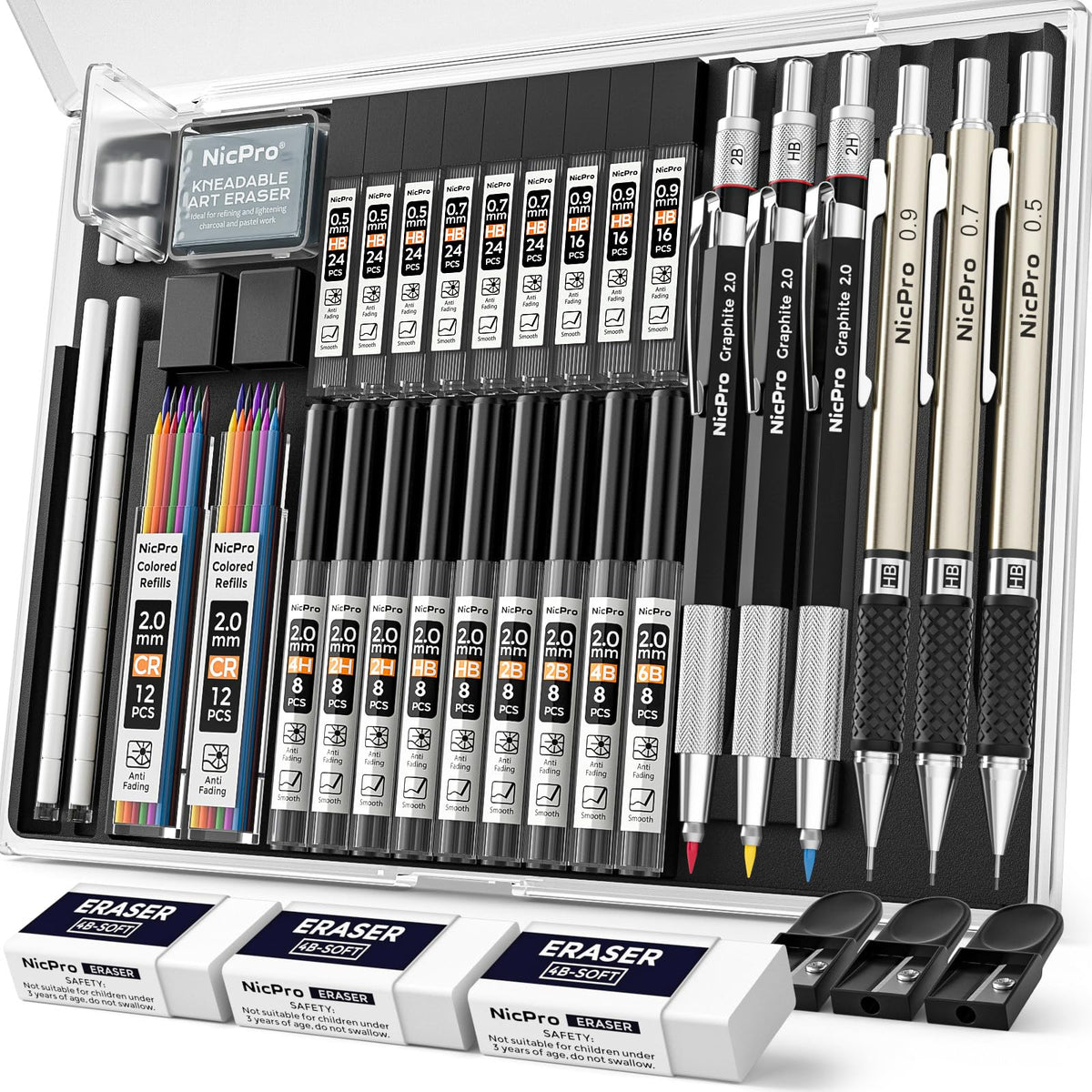 Nicpro 35PCS Art Mechanical Pencil Set, 3 PCS Metal Drafting Pencil 0.5 mm & 0.7 mm & 0.9 mm & 3 PCS 2mm Lead Holder (6B 4B 2B HB 2H 4H Colors) For Sketching Drawing With 20 Tube Lead Refills Case