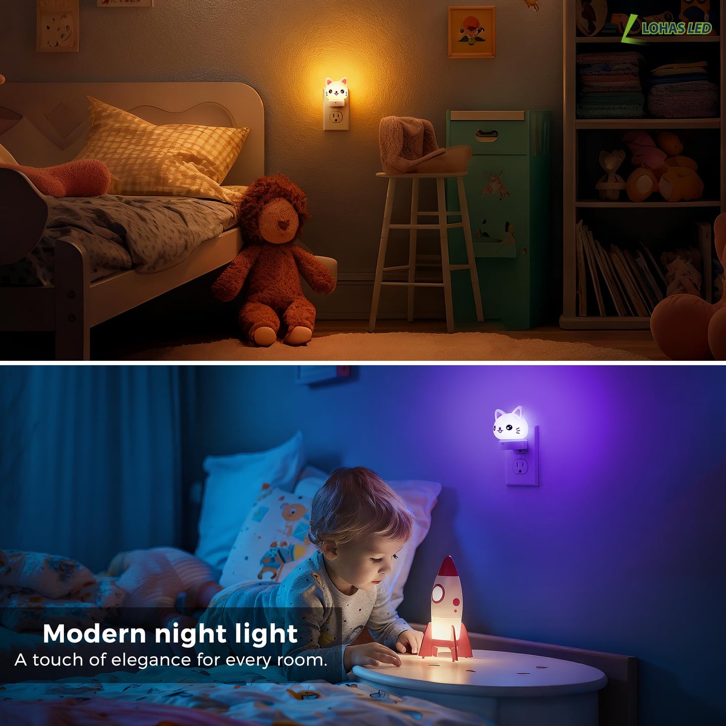 L LOHAS LED Plug in Night Light for Kids,2-Pack 3D Cute Cat Night Lights with Dusk to Dawn Sensor, RGB+Soft White 3000K Cat Night Light,Christmas Birthday Gift Nightlight for Kids,Room Decor