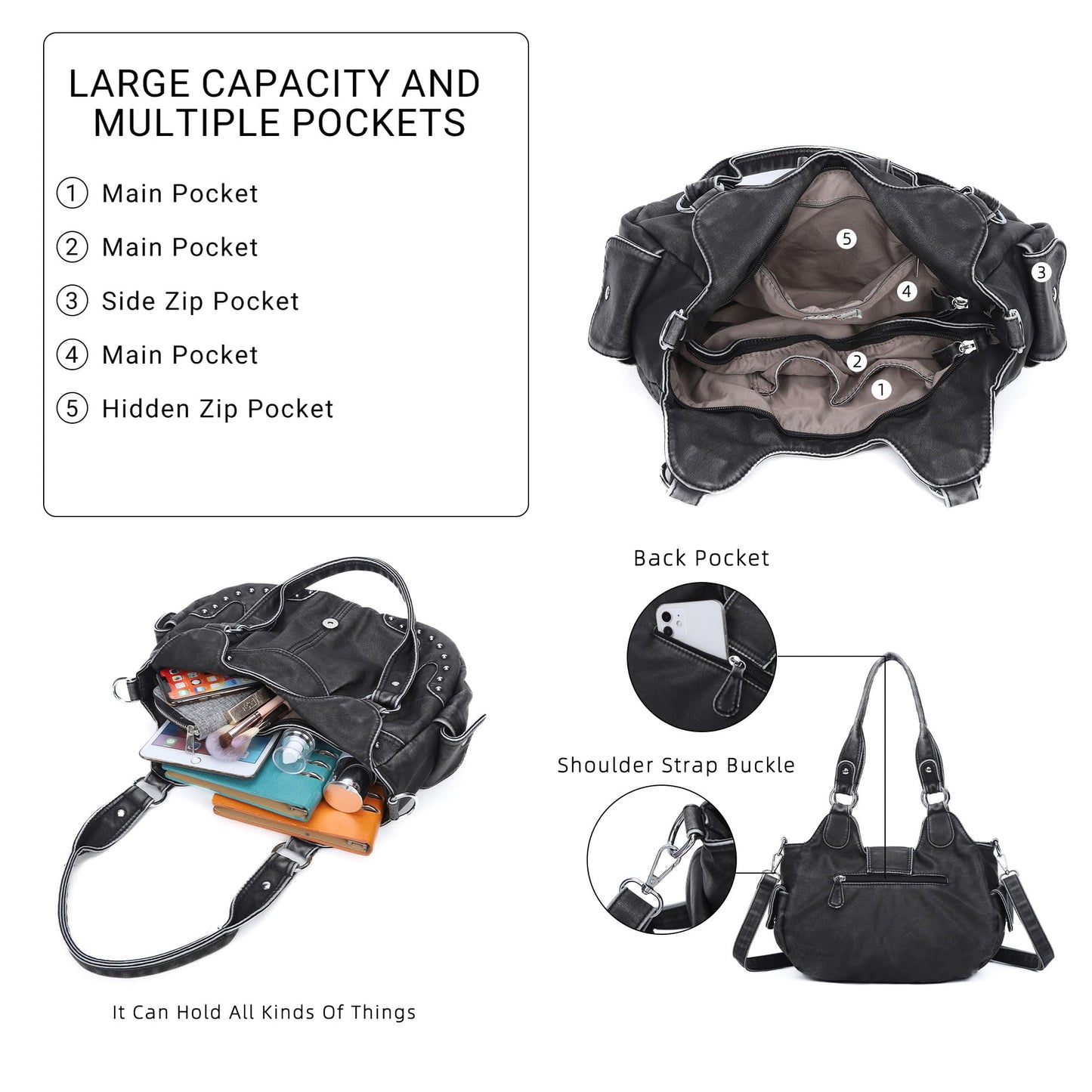 Angel Kiss Hobo Bags for Women Vegan Leather Purses and Handbags Ladies Chic Shoulder Bags Crossbody Purses with Metal Studs