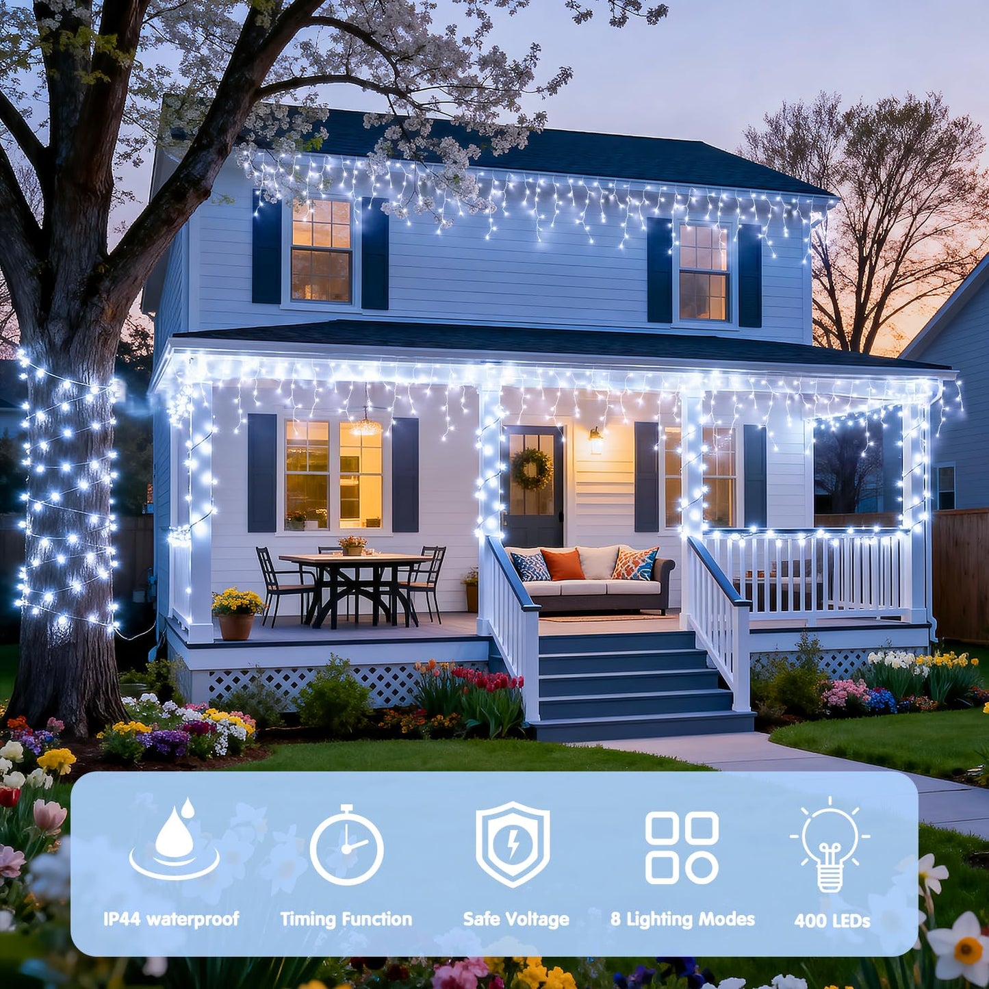 JMEXSUSS 400 LED White Christmas Icicle Lights, 38.8ft Connectable Icicle Lights for Outside Outdoor Indoor Plug in, String Light for House Patio Party Room Holiday Christmas Decorations