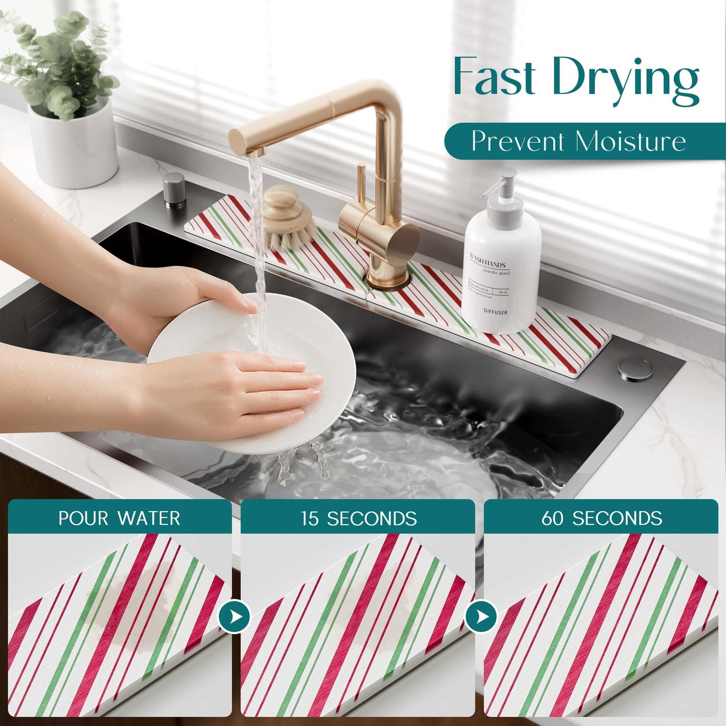 Stone Faucet Mat for Kitchen Sink, Diatomite Drying Stone Mat for Kitchen Counter, Prevent Moisture – Sink Splash Guard for Holiday Gift Home Decor (Red/Green, 23.6" x 3.9")