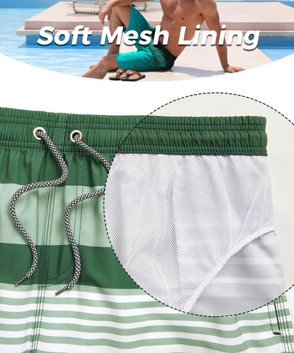 ELETOP Men's Swim Trunks Quick Dry Bathing Suit Swimming Board Shorts Mesh Lining Beach Swimwear Stripe Green White XXL