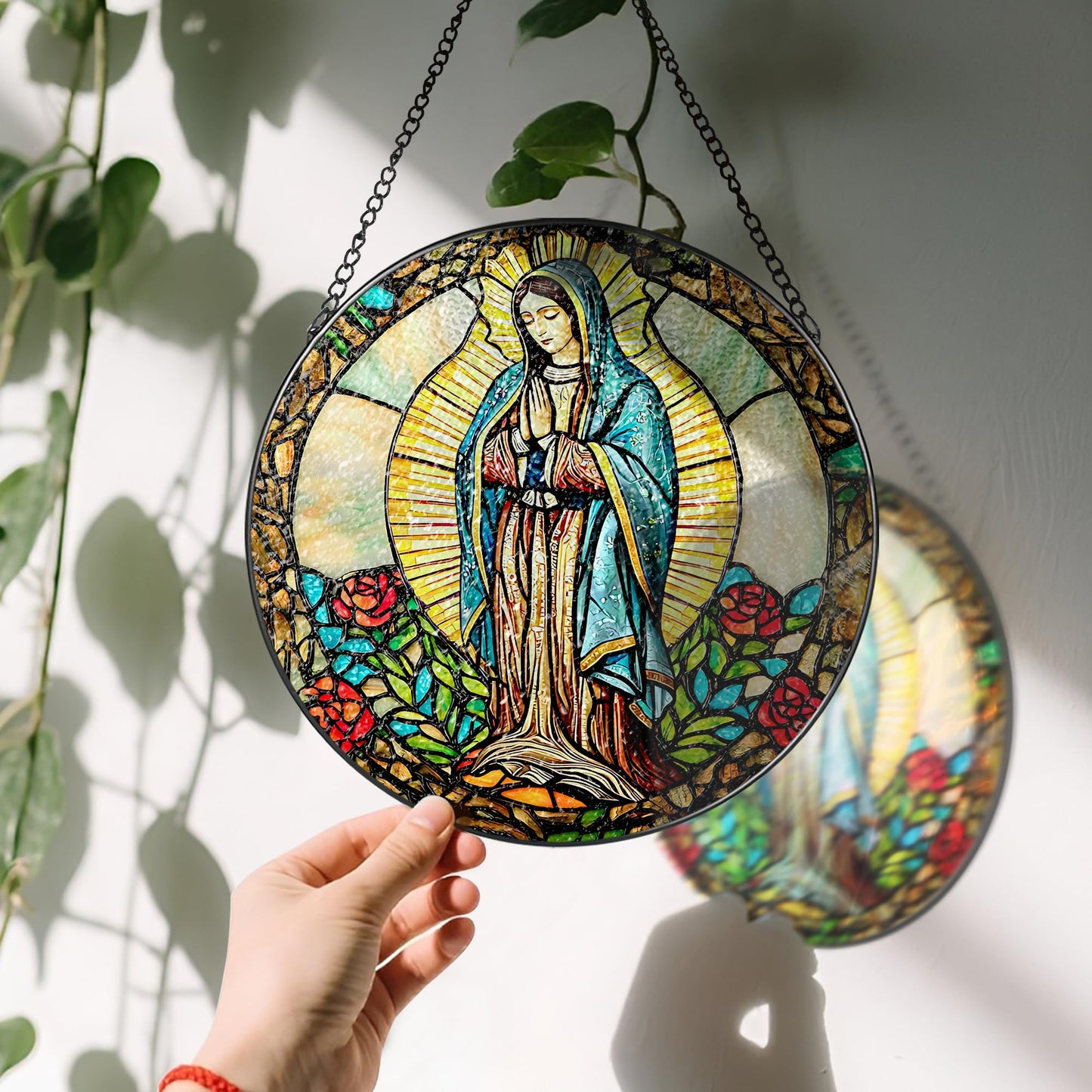 8 Inch Our Lady of Guadalupe Stained Glass Suncatcher, Stained Glass Window Hanging, Mexican Mom Window Hanging, Latin Mom Gift, Gifts for Mother's Day, Religious Gift, Gifts for Christian