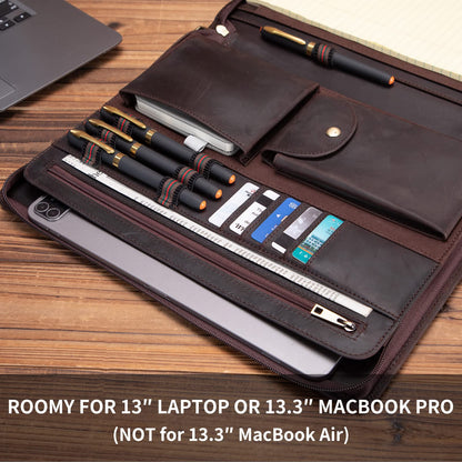 Geslun Genuine Leather Portfolio with Front Pocket for Men and Women, Zippered Padfolio Binder 8.5 x 11 Legal Pad Notebook Holder, Fits 13” Laptop, Professional Work File Case, Dark Brown