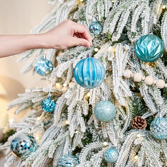 JORNOY Christmas Tree Ornaments Set, 47 Pack Assorted Shatterproof Hanging Balls Decorations, Plastic Bulbs Bulk with Lanyard for Home Holiday Party Decor, 3-Sizes (Sky Blue)