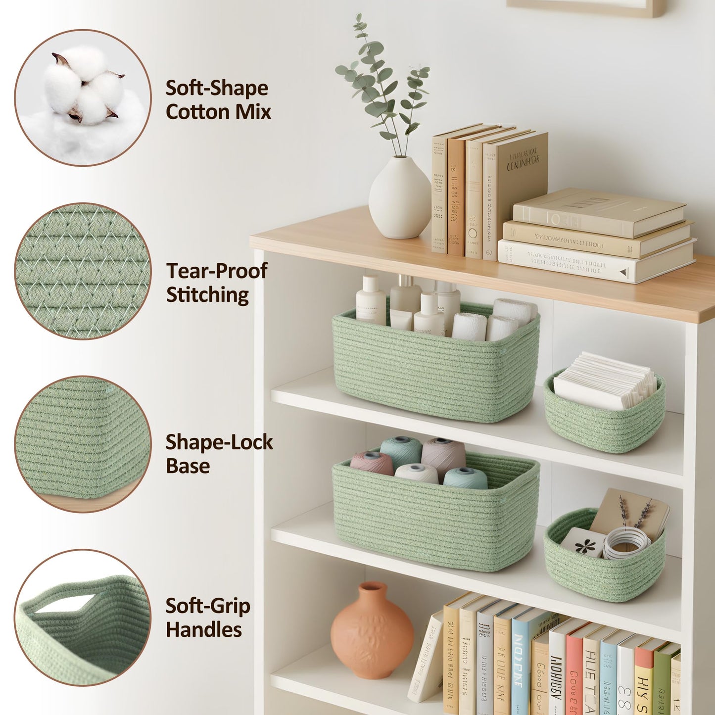 VIRETH HAUS 5-Pack Small Woven Rope Storage Baskets – 2 Sizes Organizer Bins for Closet, Shelf, Bookshelf, Nursery, Changing Table, Fabric Cube Boxes, Rectangular Shallow Bins for Bathroom, Toy & Home