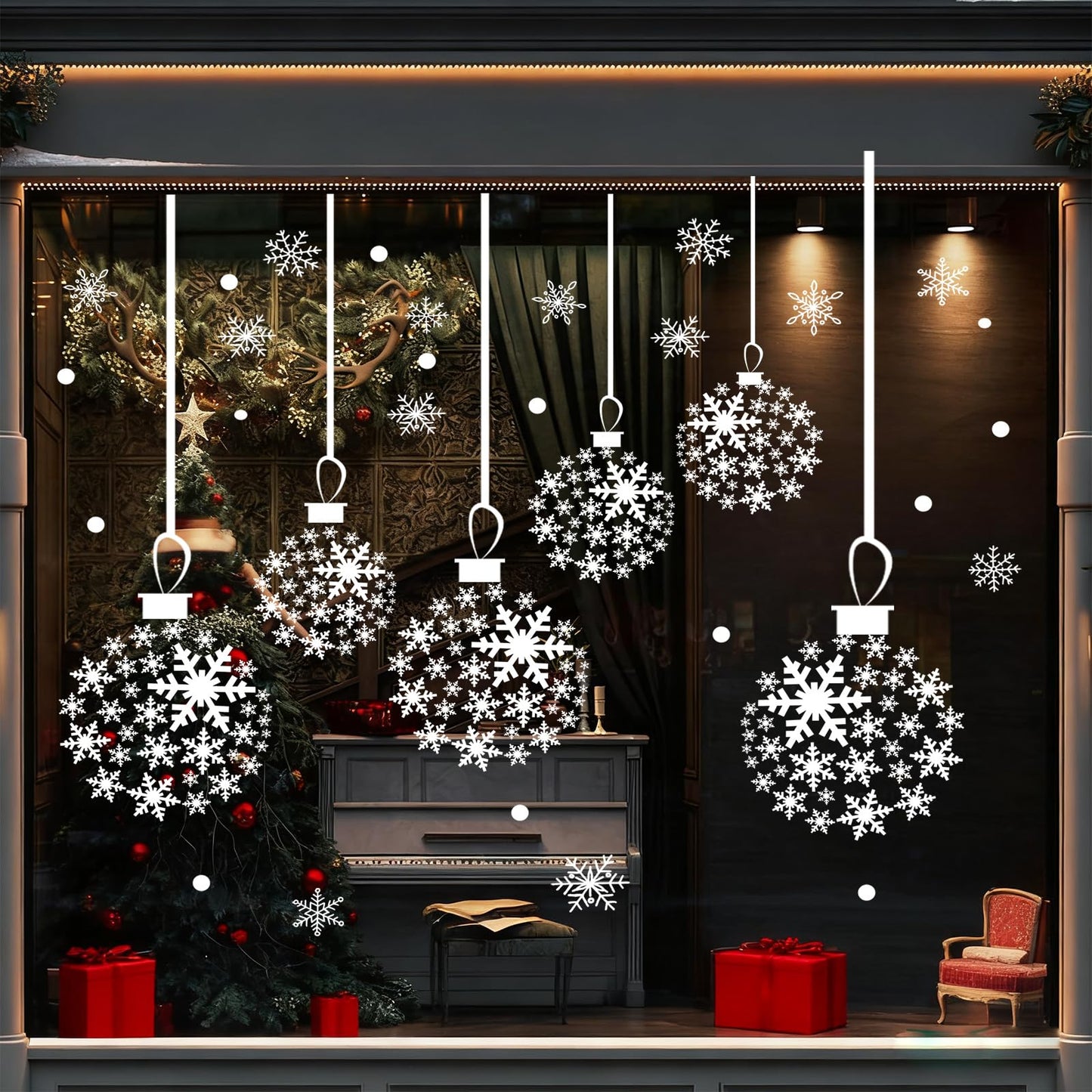 Christmas Window Clings,Xmas Tree Ball Snowflakes Window Stickers,Snowflake Window Clings Stickers for Glass, Xmas Decals Decorations Indoor Holiday (A1 Christmas)