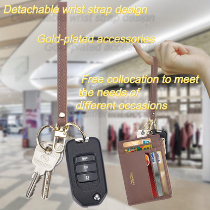 Women Slim Rfid Blocking Credit Card Case Holder Wristlet Zip ID Case Wallet Small Compact Leather Wallet Coin Purse with Keychain (Camel)