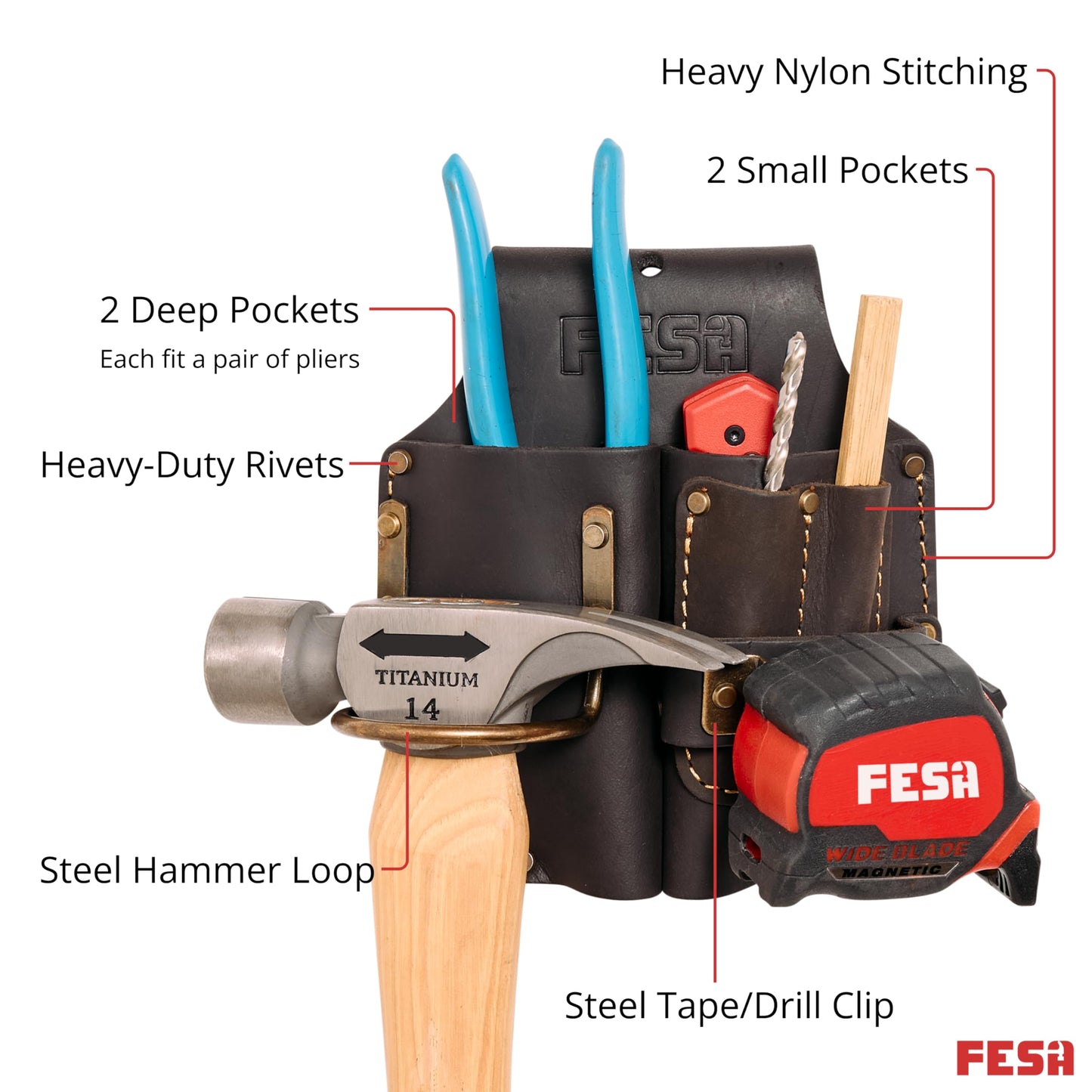 FESA Durable Leather Pliers Holster - Heavy Top Grain Leather Double Plier Holder for Belt with Steel Hammer Holder, Tape Clip & 2 Carpenter's Pencil Pockets - Clip On Any Belt - Handcrafted (Brown)