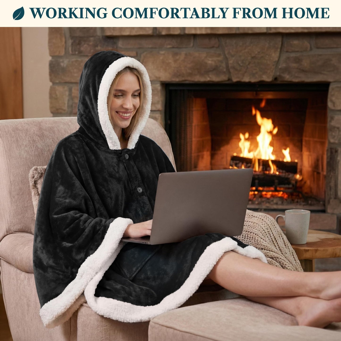 PAVILIA Hooded Blanket Poncho, Women Sherpa Fleece Shawl Wrap with Hood, Wearable Blanket Cozy Warm Poncho Cape Throw with Pockets, Gift for Elderly Mom, Black