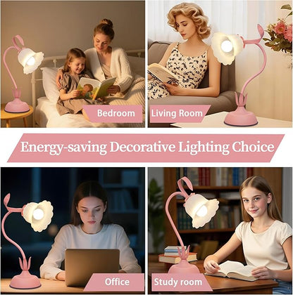 Vintage Flower Table Lamp, 3 Color Temperature Flexible Gooseneck Cute Small Desk Lamp for Bedroom, Kawaii Nightstand Bedside Lamps for Living Room, Dorm, Office, Home Decor (Pink)