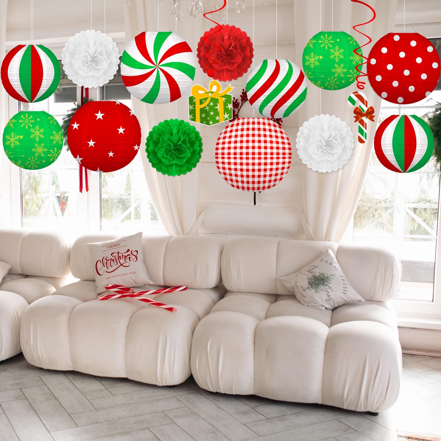 Renbuzhu 15PCS Christmas Decorations Ornaments Set – 9 Red White Green Paper Lanterns, 4 Pom Poms, 2 Hanging Swirls for Indoor, Home, Xmas Party, Porch Decor