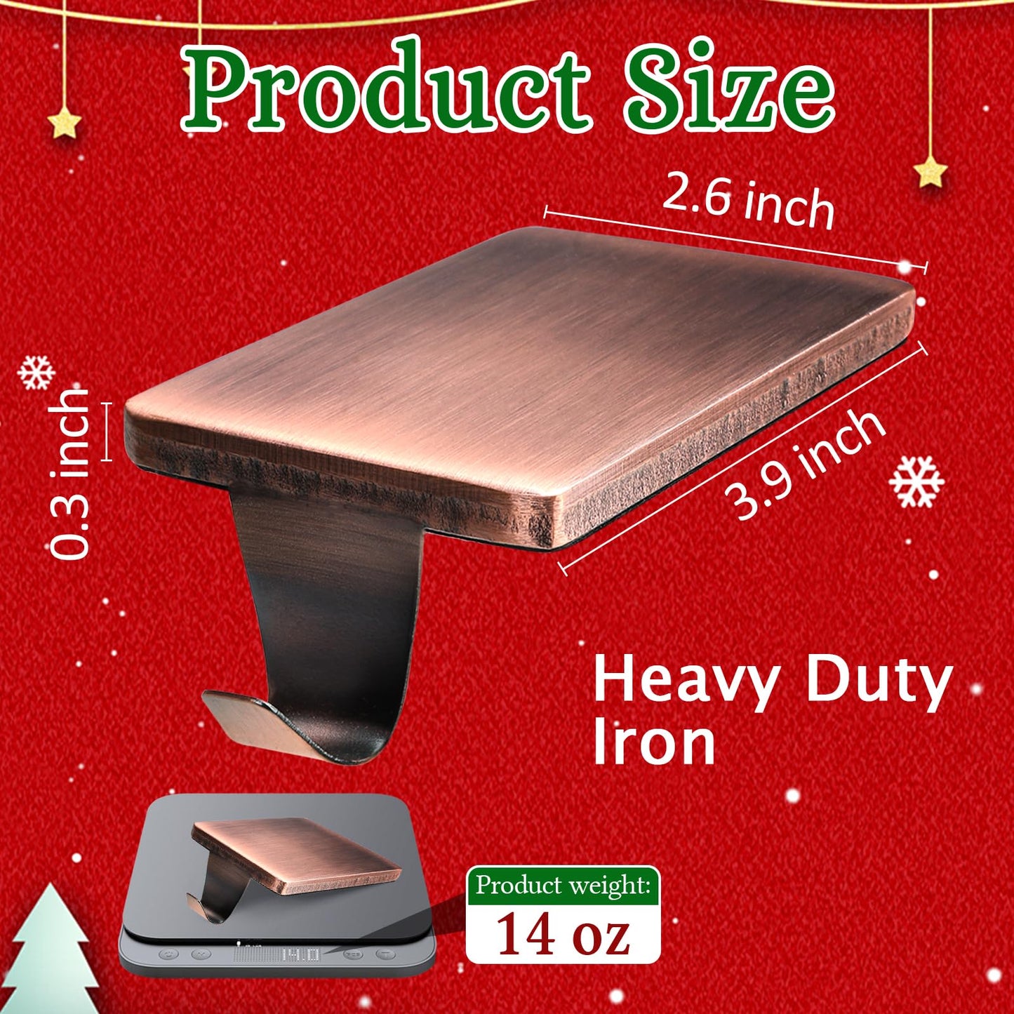 HMASYO Christmas Stocking Holders for Mantle Set of 4, Heavy Duty Iron Stocking Hangers Base, Low Profile Weighted Stocking Holder Hooks for Fireplace Tabletop Shelf Christmas Decoration, Copper