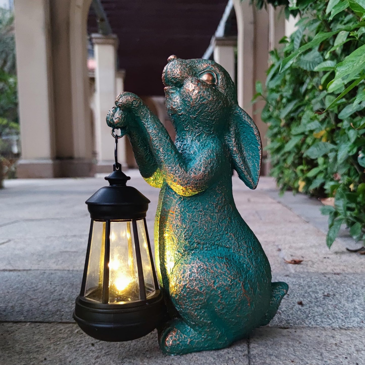 JOYBEE Garden Statues Rabbit with Solar Lantern Outdoor Decor-Rabbit Solar Figurines Lights Decorations for Patio Yard Lawn Ornaments-Gifts for Birthday Easter Housewarming