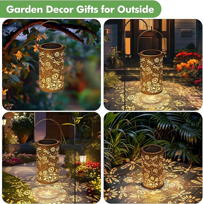 Fabuday Dragonfly Sunflower Solar Lantern Gift for Women - Outdoor Lanterns Waterproof for Patio, Yard, Porch and Pathway, Hanging Outside Garden Decor with Solar Power Lights