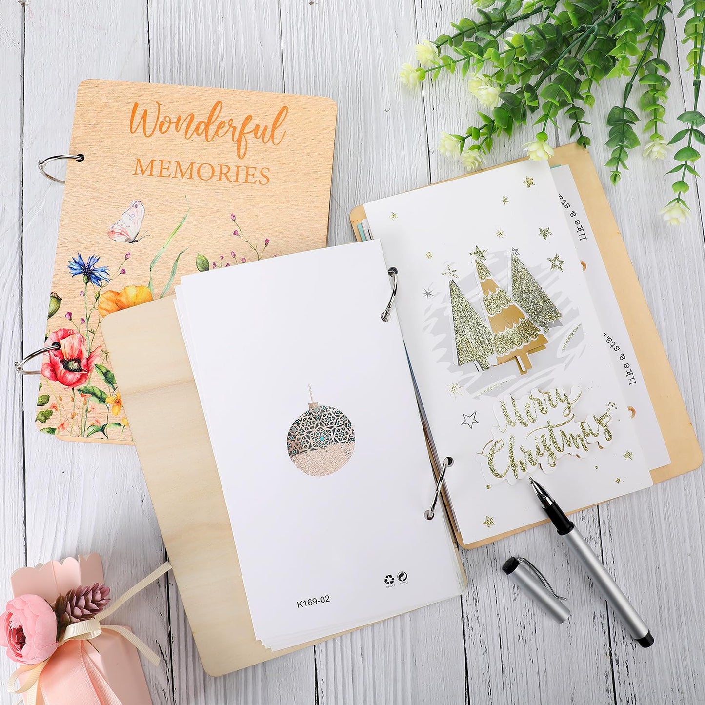 Suzile 2 Packs 9x6.5 Inch Greeting Card Organizer Book Wood Floral Card Organizer Album Binder, Keepsake Storage Holder Gift for Wedding Anniversary Mother's Day Holiday Memory Photo Collection