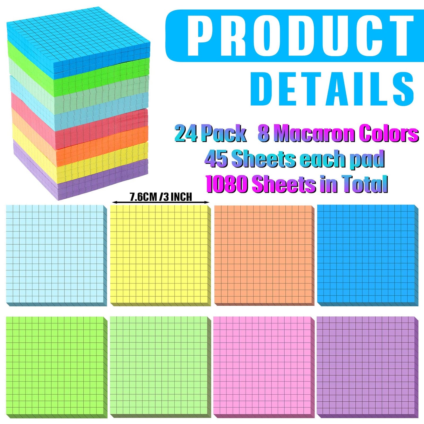 Geosar 24 Pack Lined Grid Sticky Notes 3 x 3 Inch Note Colorful Self Stick Notes Power Memo Pads Strong Adhesive Self Stick Note for Gifts School Office Supplies 8 Colors (Macaron Color)