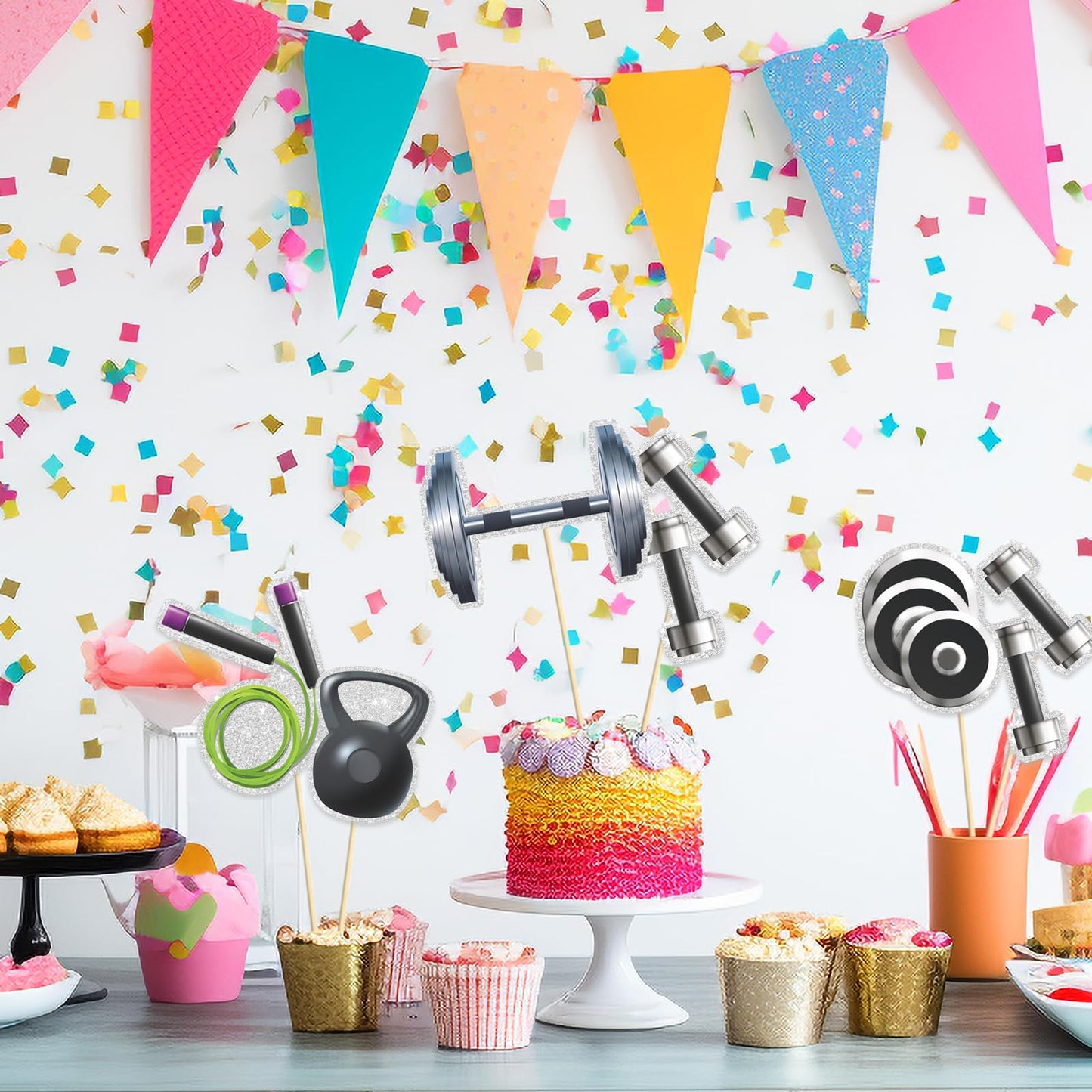 Set of 15,Gym Theme Centerpiece Sticks,Weight Lifting Motion Table Toppers,Biceps Dumbbells Kettlebells Bodybuilding Cupcake Picks,Fitness Themed Birthday Party Decorations