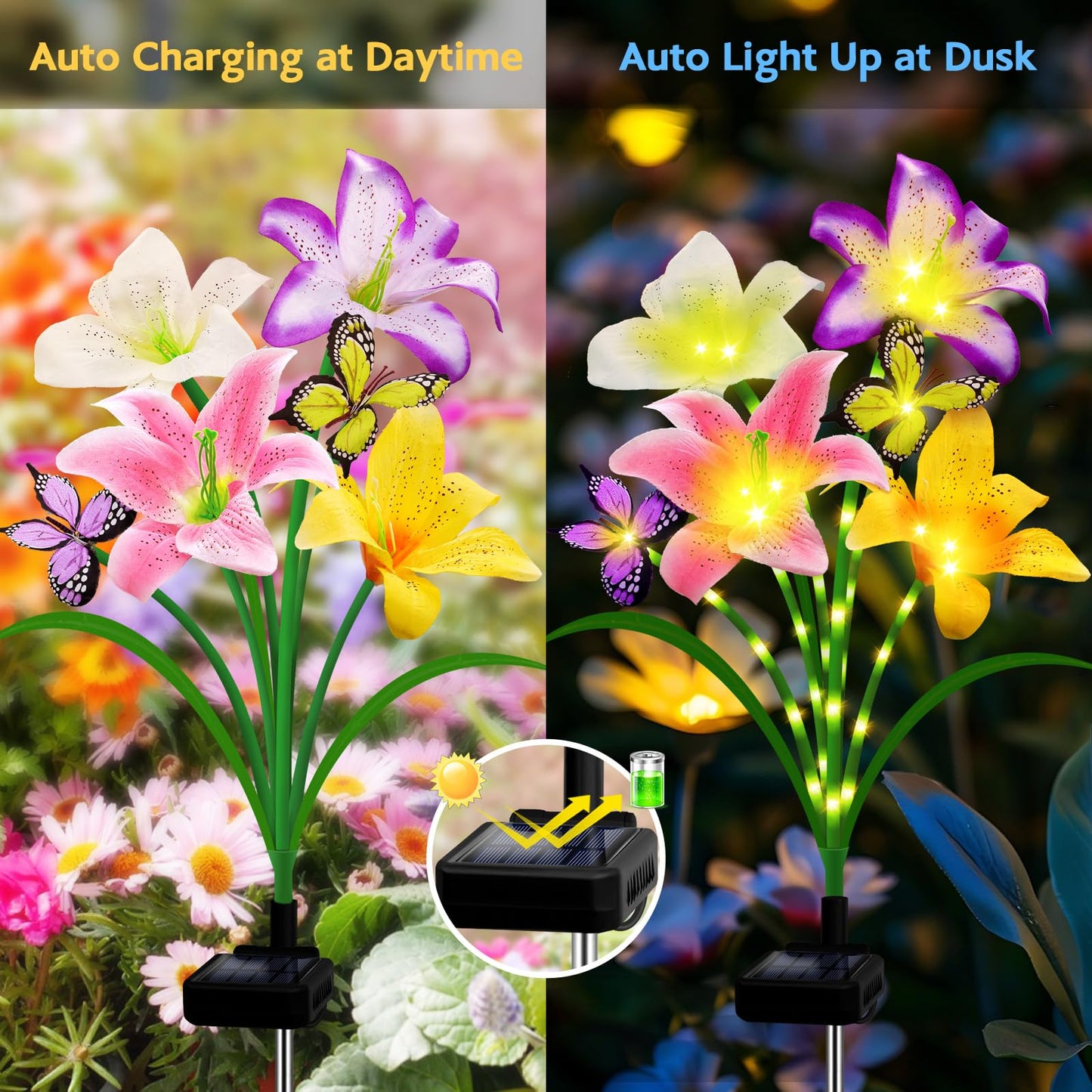 Solar Garden Lights 4 Pack 16 Lily Flowers with Butterfly Decor, Gifts for Mom Woman Mothers Day Birthday Solar Flower Lights for Outside - Decorative Lilies for Yard, Patio, Pathway
