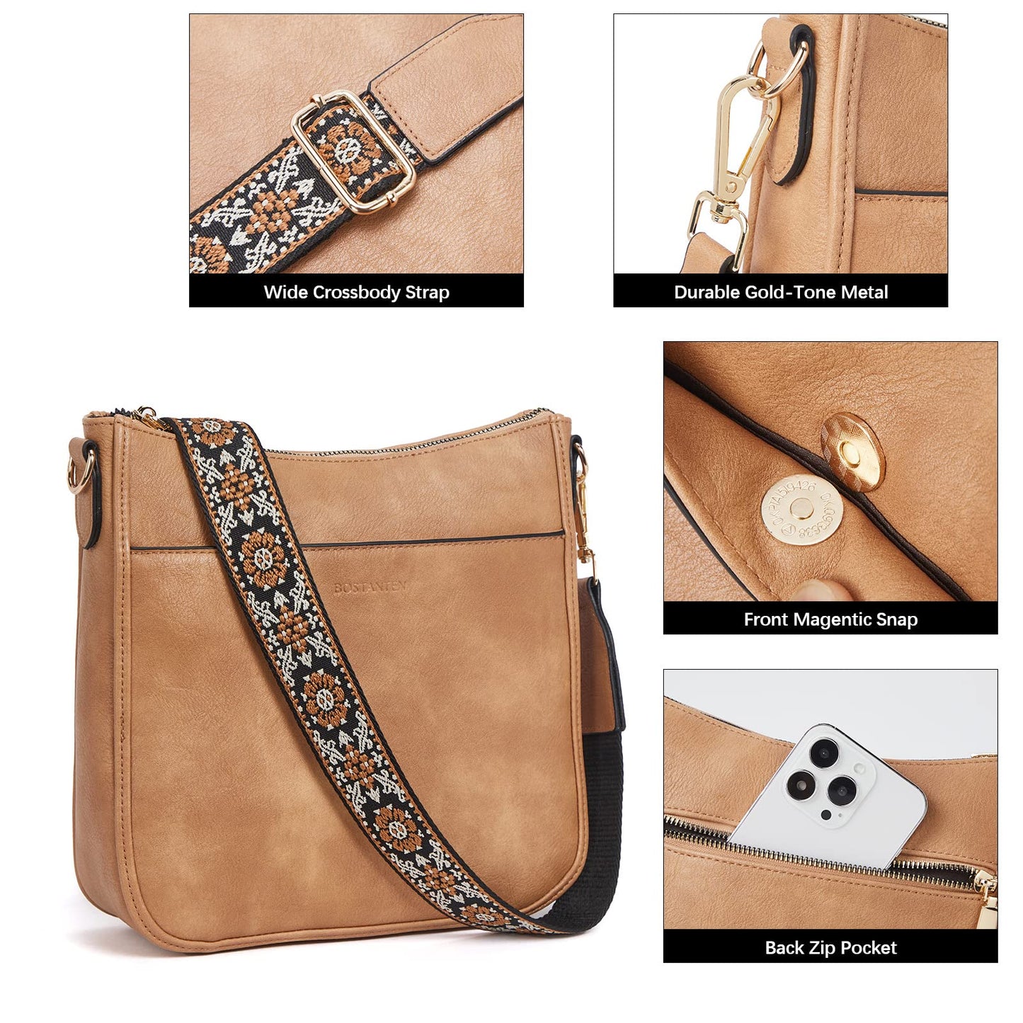 BOSTANTEN Crossbody Bags for Women Trendy Vegan Leather Hobo Purses Shoulder Handbags With Wide Shoulder Strap Camel Brown