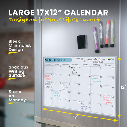 Monthly Magnetic Calendar for Refrigerator - 17x12” Dry Erase Fridge Calendar Magnet - Starts Monday, Organizes 2025 Schedules, Chores, Meals, More - Whiteboard with 4 Markers & Eraser by Quick Canary