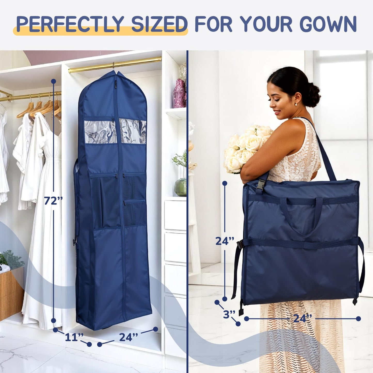 Wedding Dress Garment Bag 72" – Waterproof Trifold Travel Garment Bag for Bridal Gown with Shoulder Strap, Suitcase Sleeve & Accessory Pockets – Fits Full Skirts, Oxford Fabric, Carry Handle