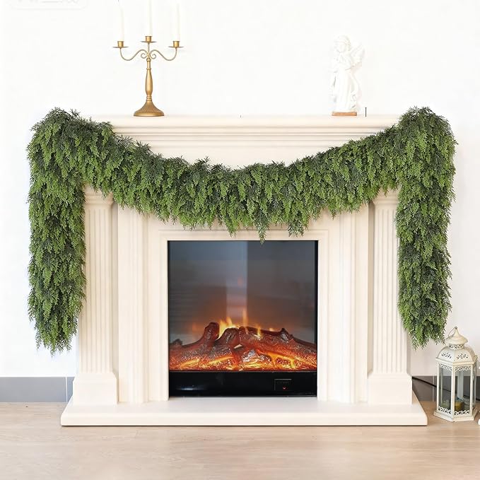 9FT Real Touch Cedar Garland for Fireplace - Artificial Christmas Garlands Realistic Faux Greenery Fake Pine Needles Garland for Holiday,Table, Window,Mantel,Stairs, Home,Indoor Outdoor Decor (2PCS)